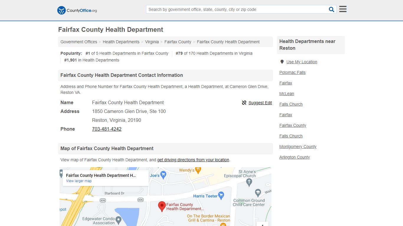 Fairfax County Health Department - Reston, VA (Address and Phone)